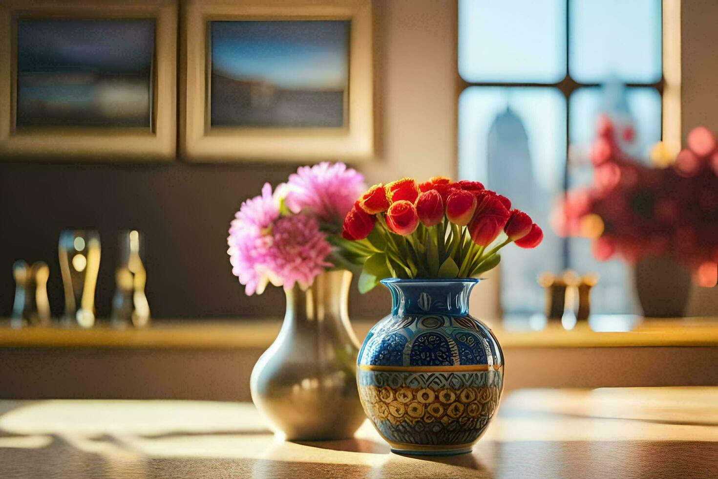 two vases with flowers on a table in front of a window. AI-Generated photo