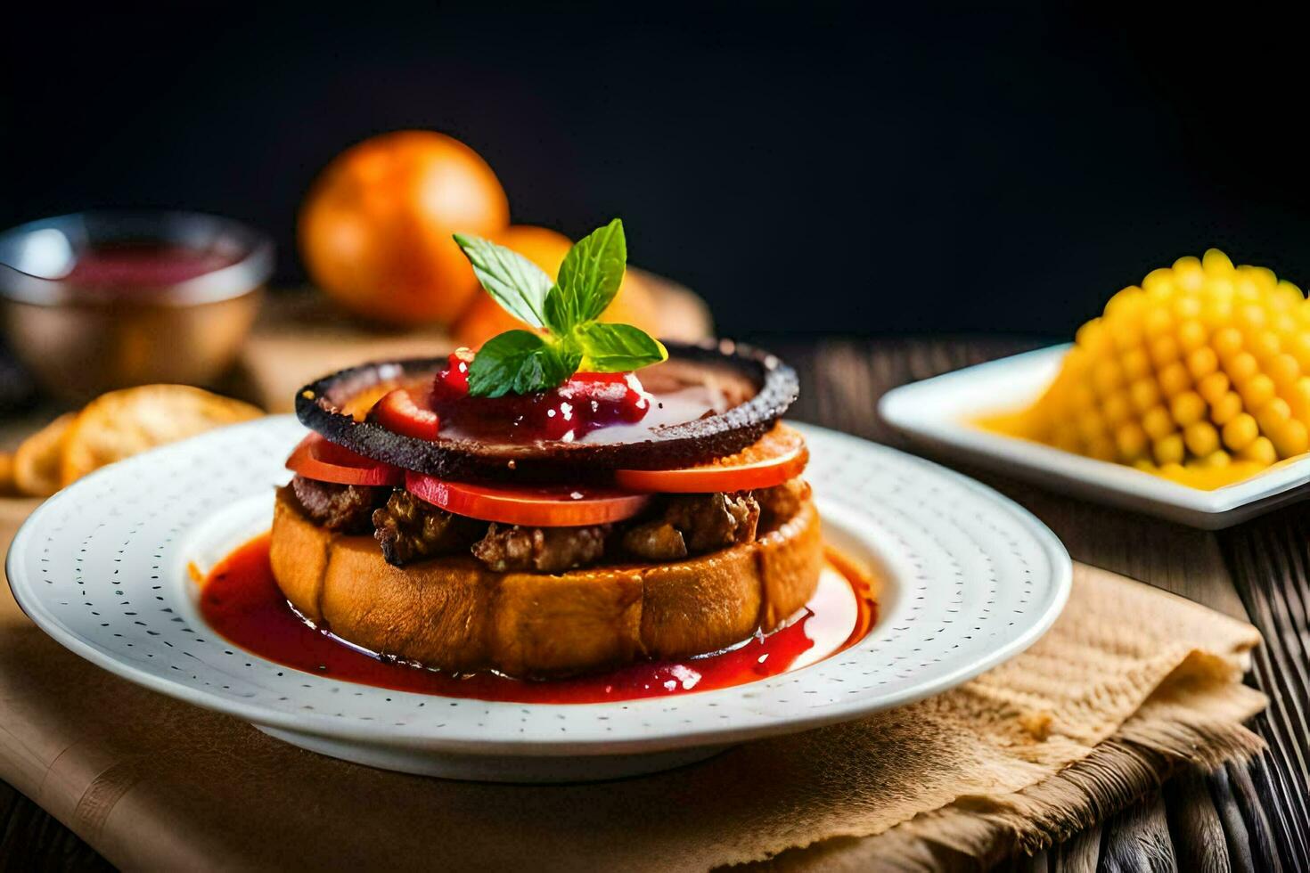 a plate of food with a sandwich on top of it. AI-Generated photo