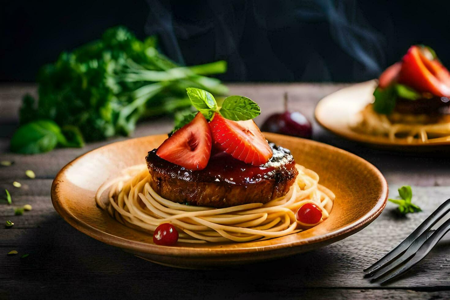 the food is served on a wooden table with a fork and a knife. AI-Generated photo