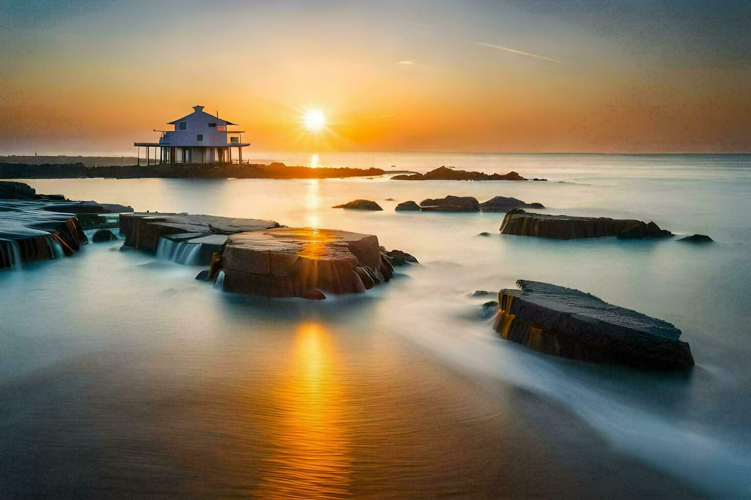 a lighthouse sits on the shore of a body of water. AI-Generated photo