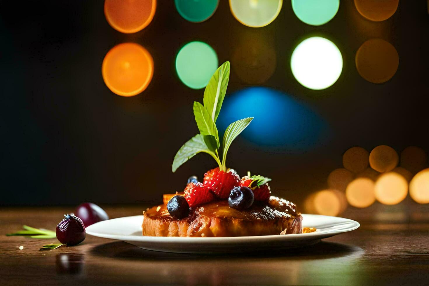 a dessert on a plate with berries and a green leaf. AI-Generated photo