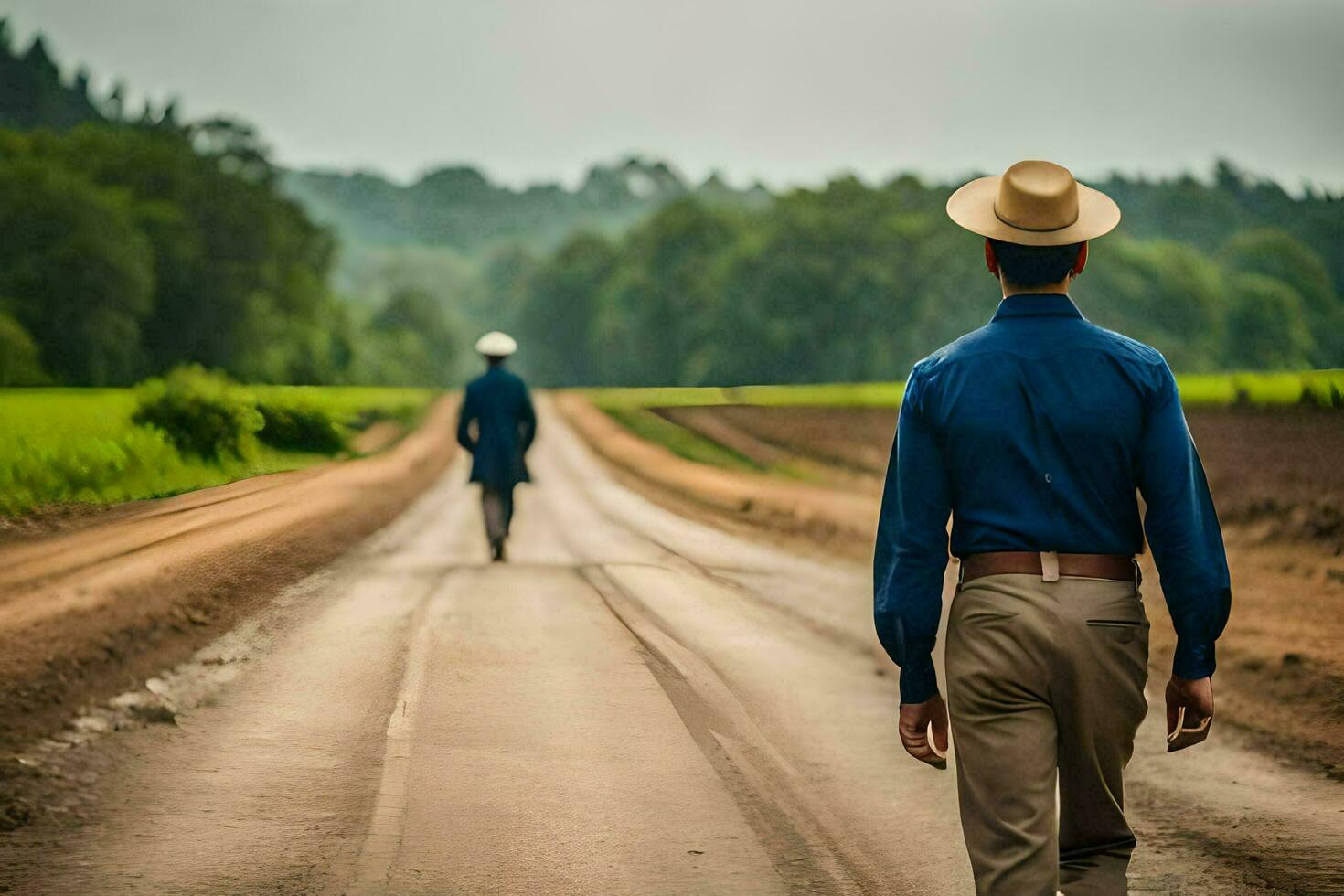 un hombre en un azul camisa y sombrero caminando abajo un suciedad la carretera. generado por ai foto