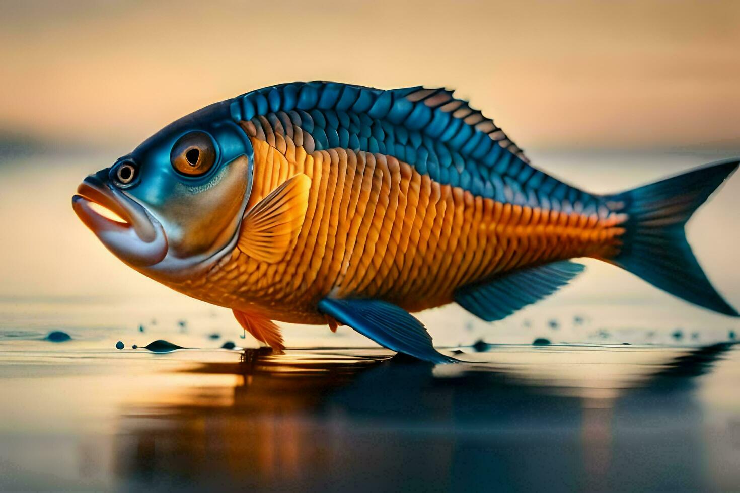 a fish is standing on the beach at sunset. AI-Generated photo