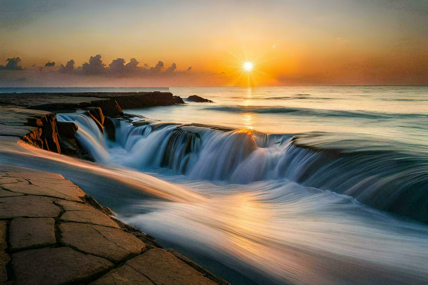 the sun sets over a waterfall in the ocean. AI-Generated photo