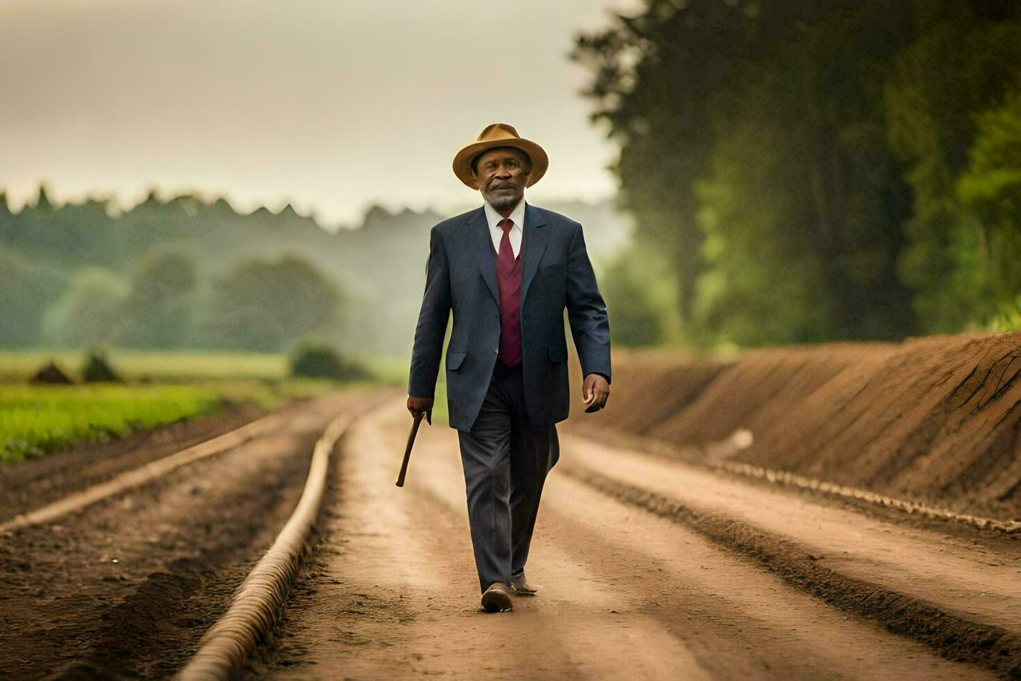 an old man in a suit and hat walking down a dirt road. AI-Generated photo