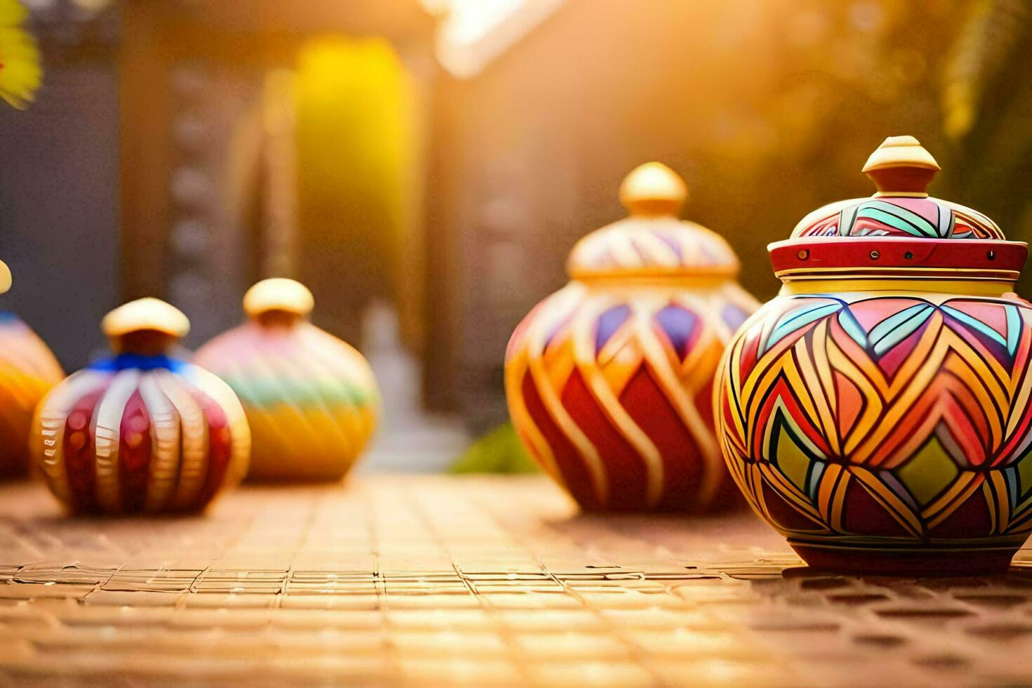 colorful ceramic pots on a brick walkway. AI-Generated photo