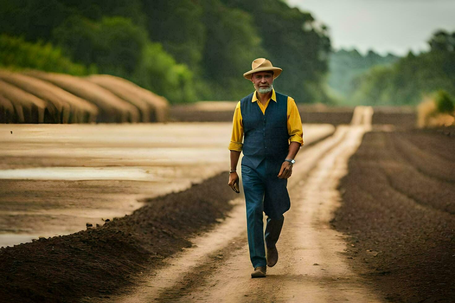 a man in a hat and vest walking down a dirt road. AI-Generated photo