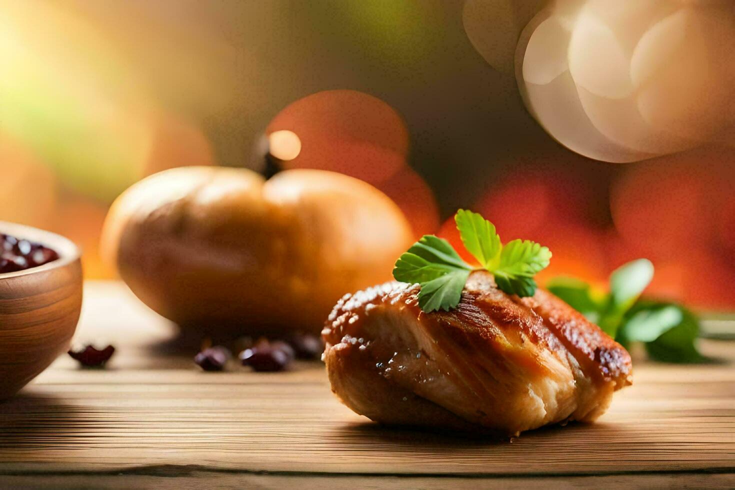 a plate with a chicken breast and a bowl of cranberries. AI-Generated photo