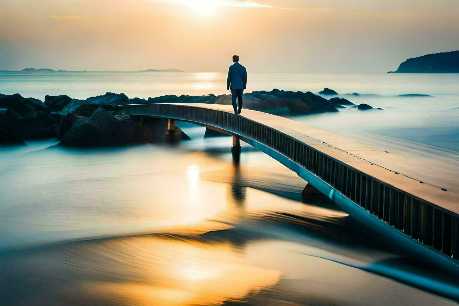 a man standing on a wooden bridge over the ocean. AI-Generated photo