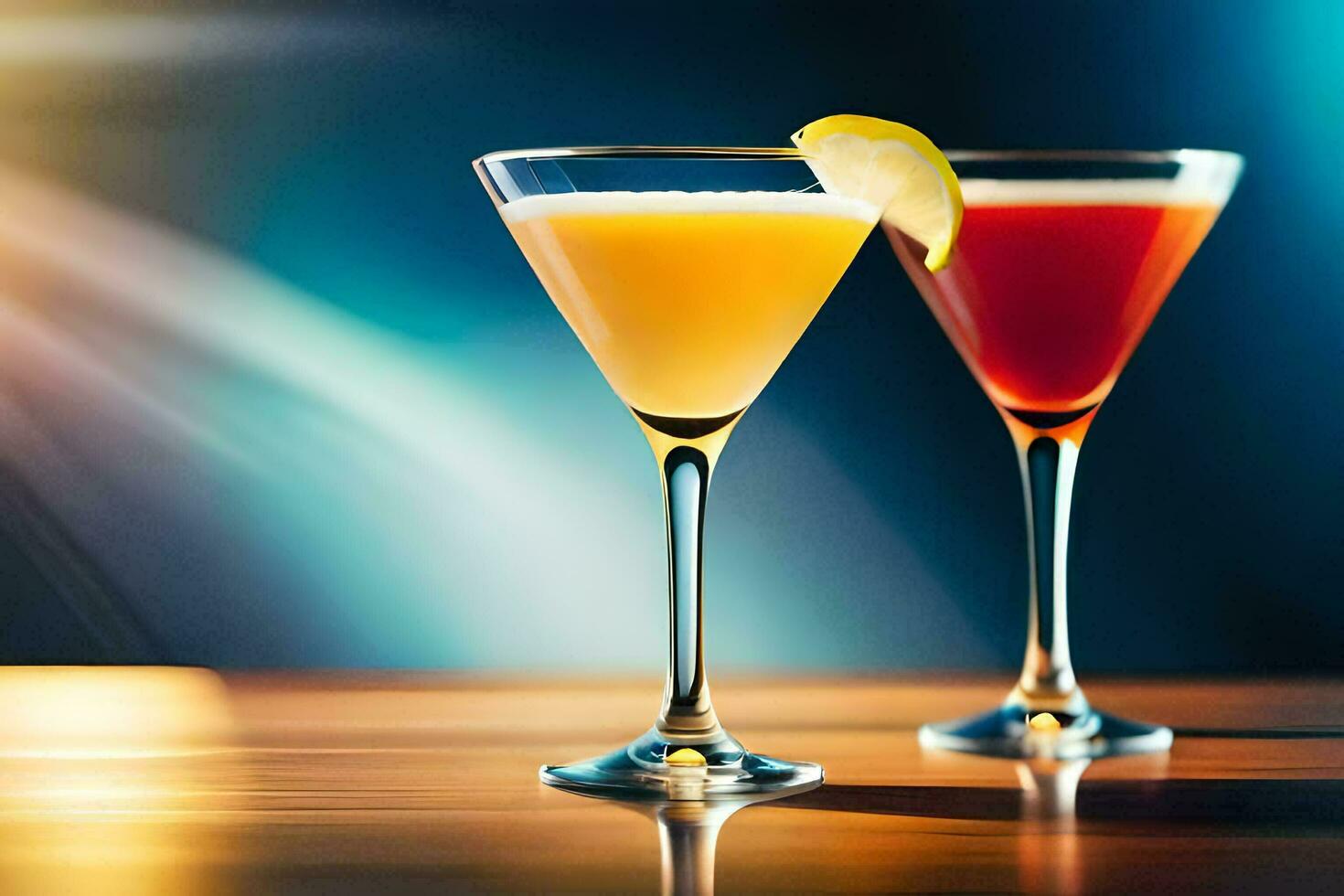 two cocktails on a wooden table. AI-Generated photo