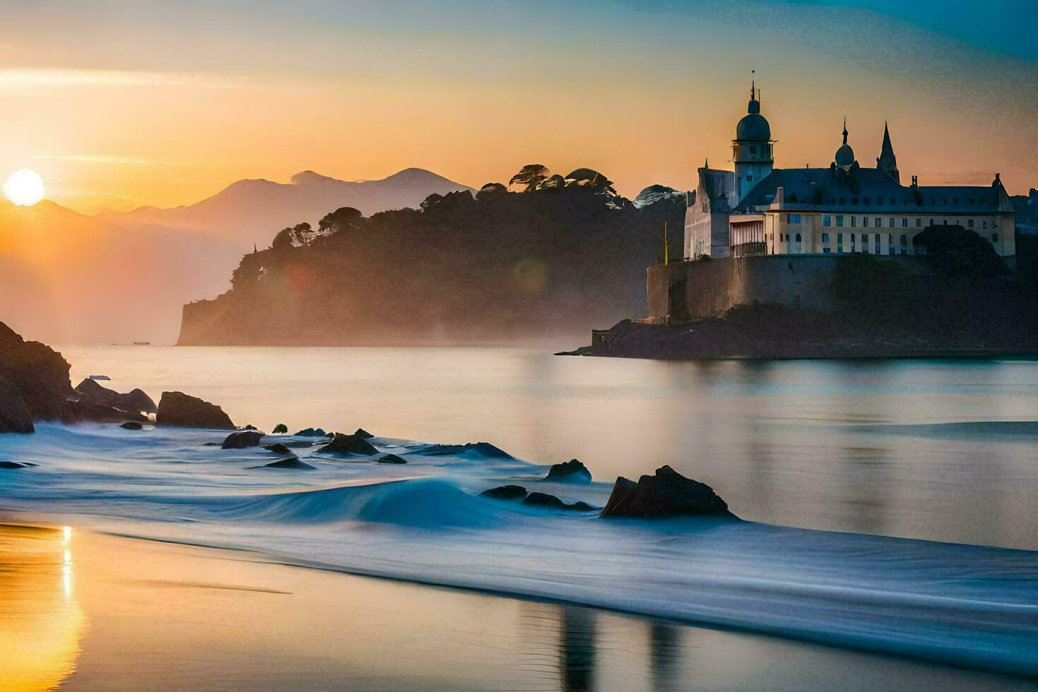 a castle sits on the shore of a body of water. AI-Generated photo
