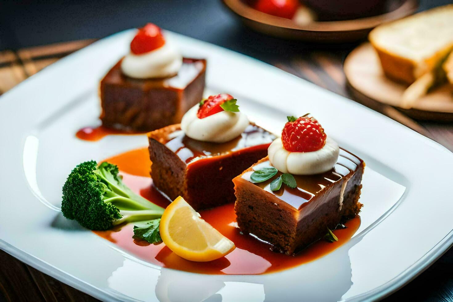 a plate with three pieces of cake and a lemon. AI-Generated photo