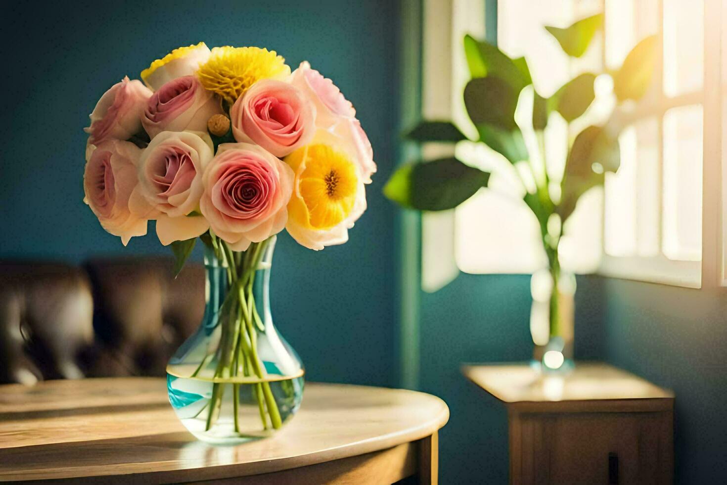 a vase of pink and yellow roses sitting on a table. AI-Generated photo