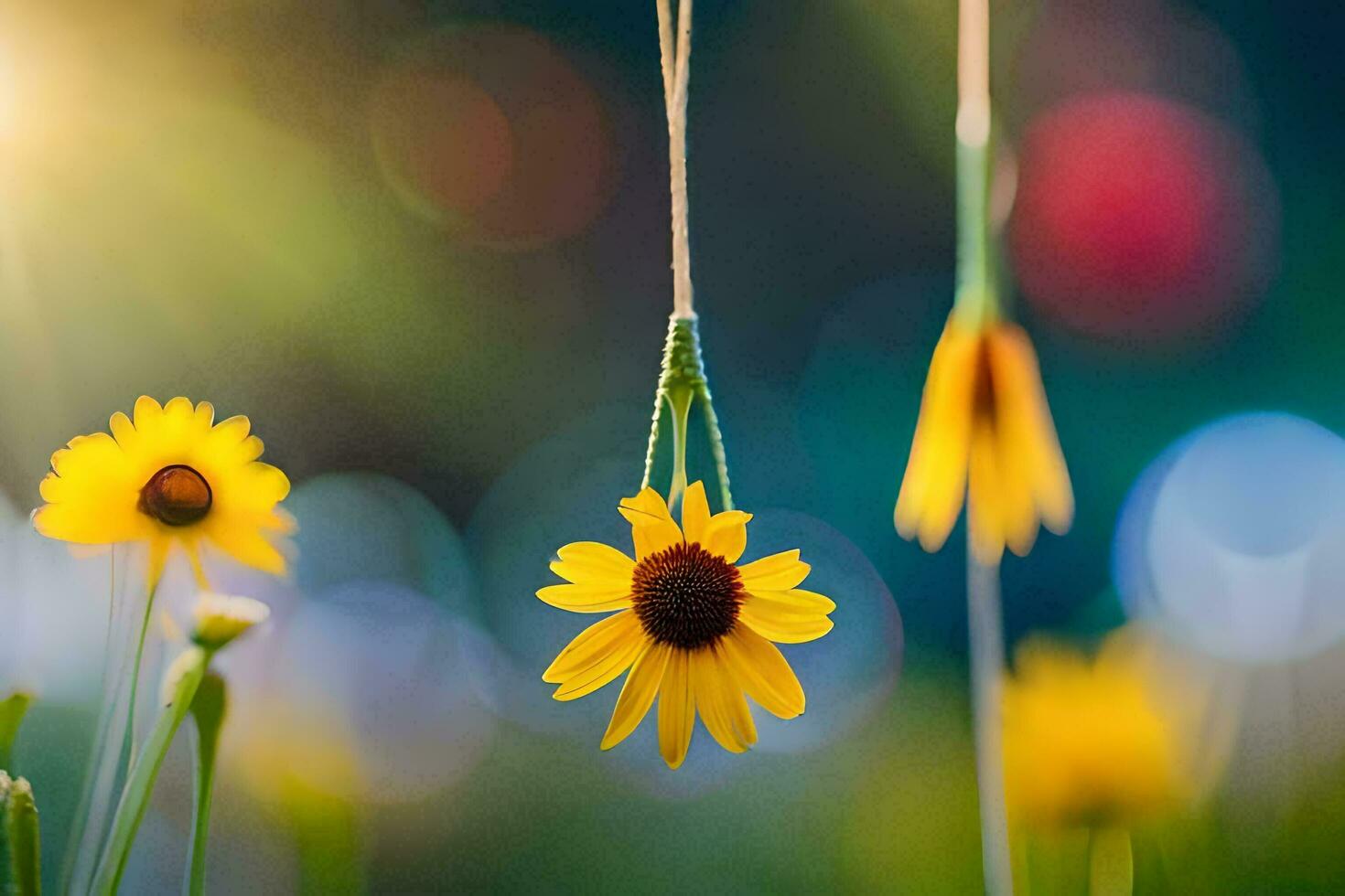 yellow flowers hanging from strings in the sun. AI-Generated photo
