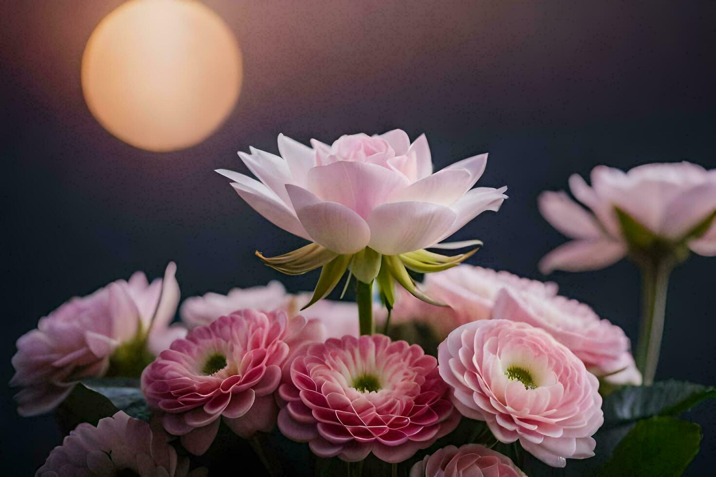 pink flowers in front of a full moon. AI-Generated photo