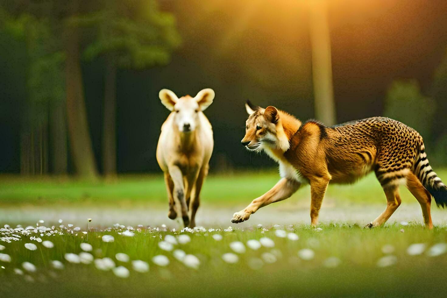 two wild animals running in the grass. AI-Generated photo