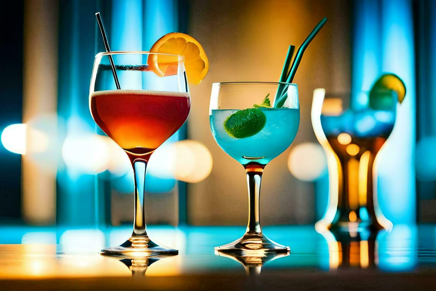 three glasses of cocktails on a table. AI-Generated photo