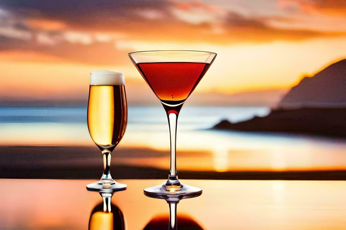 two glasses of wine and a cocktail on a table. AI-Generated photo