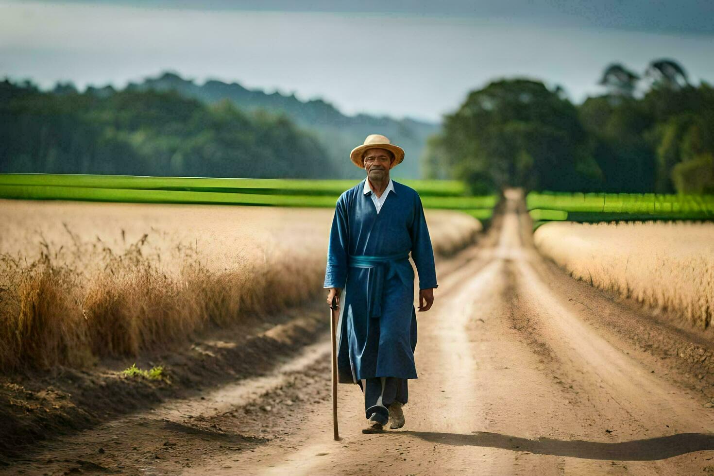 an old man walking down a dirt road in a field. AI-Generated photo