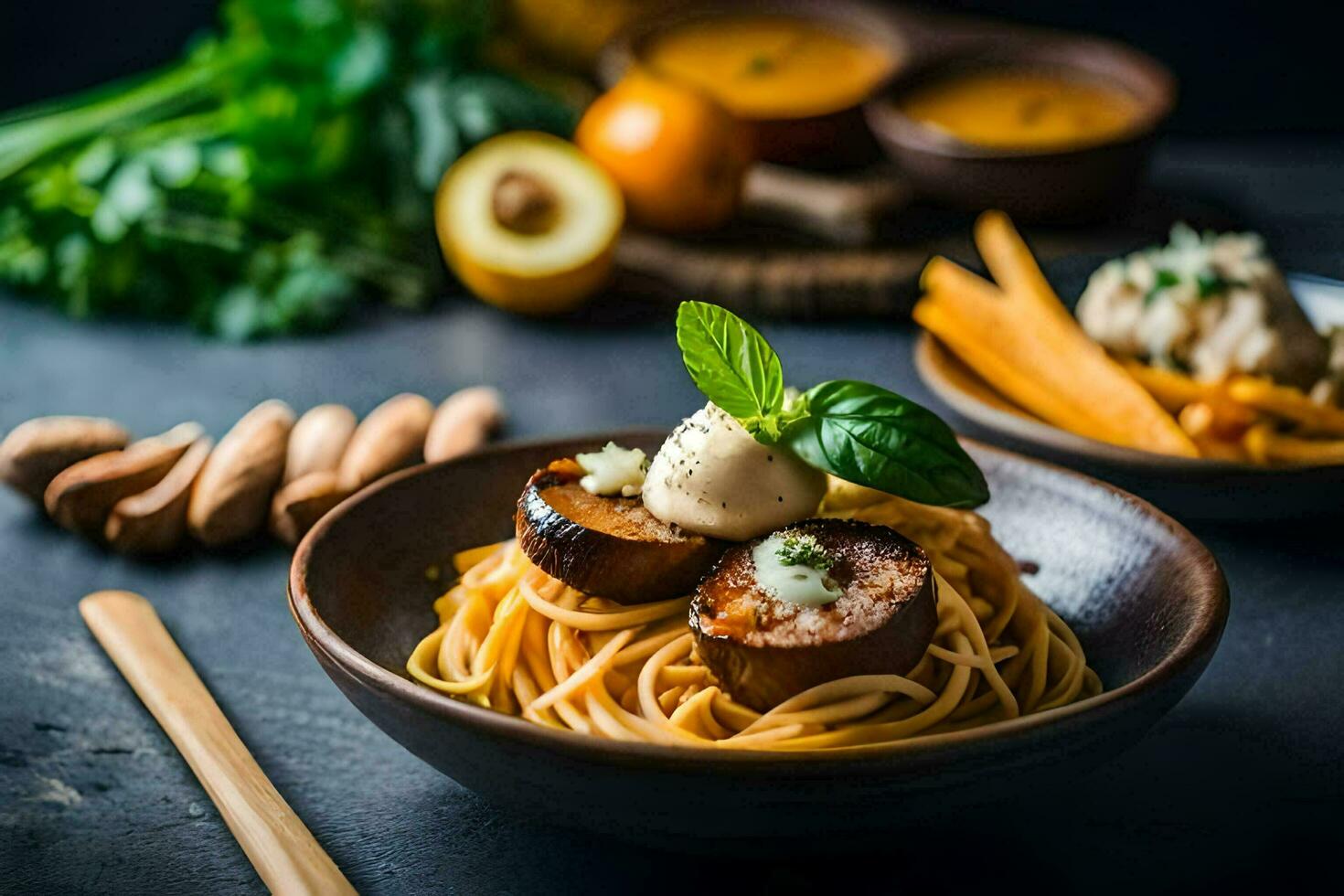 spaghetti with meatballs and cheese in a bowl. AI-Generated photo