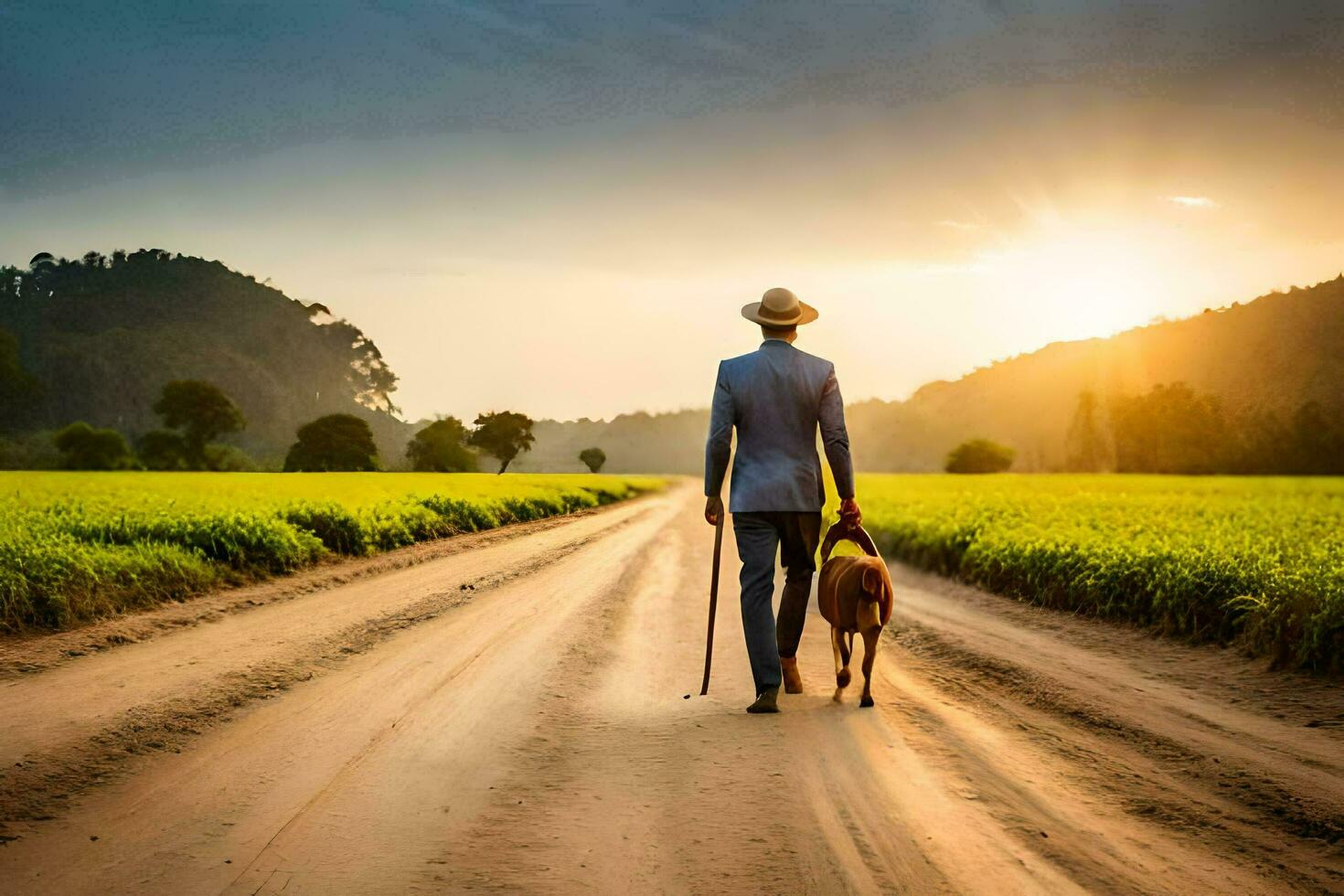 a man walking his dog on a dirt road. AI-Generated photo