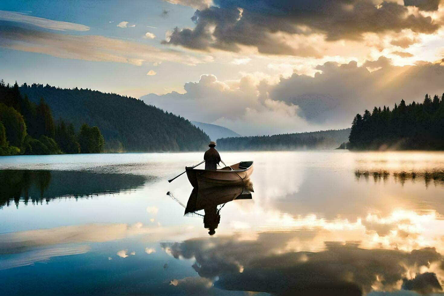 a man in a boat on a lake at sunset. AI-Generated photo