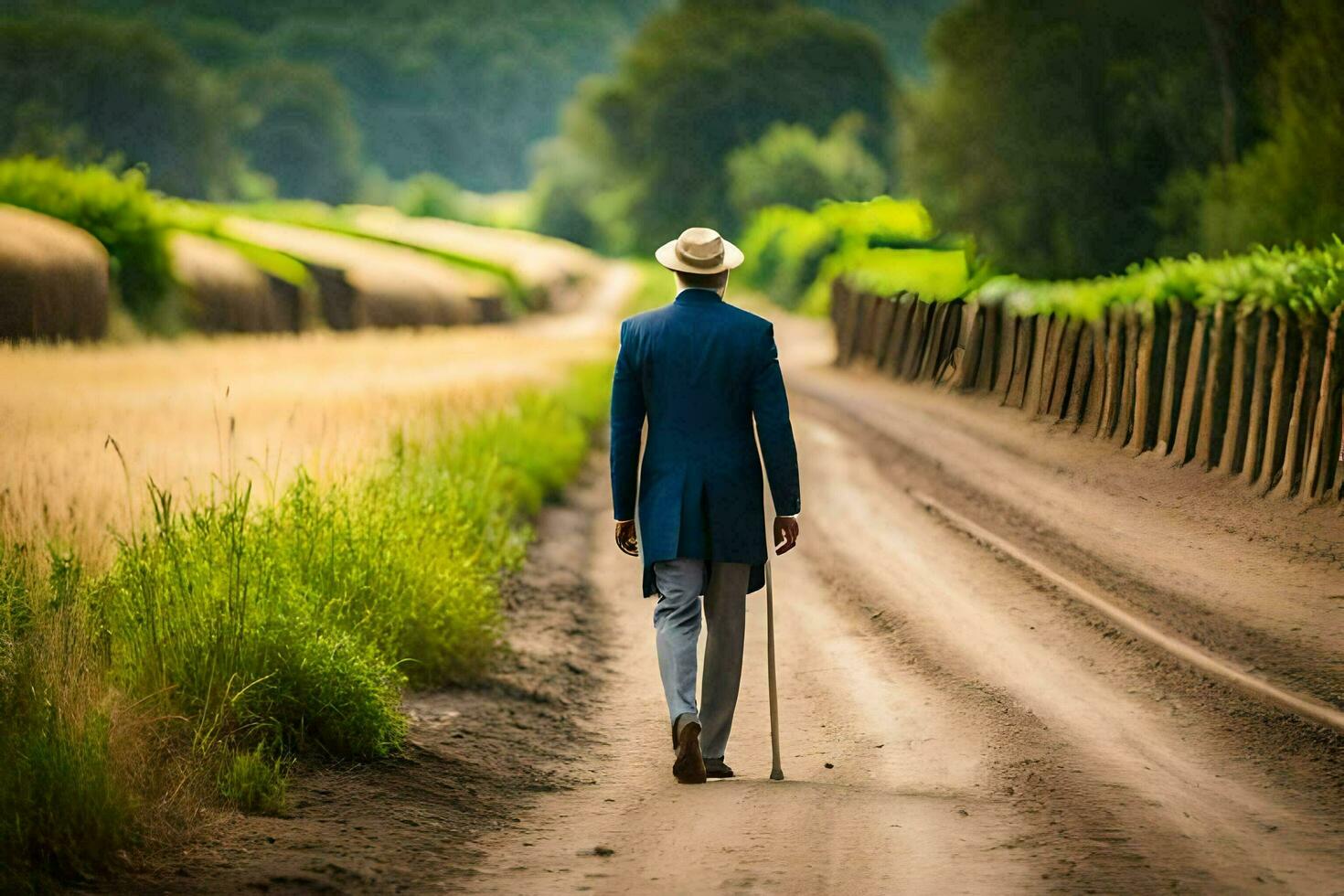 a man in a blue suit and hat walking down a dirt road. AI-Generated photo