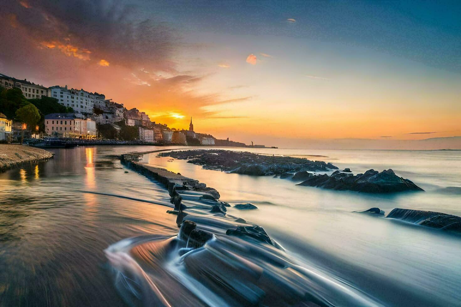 a sunset over the sea with rocks and buildings. AI-Generated photo