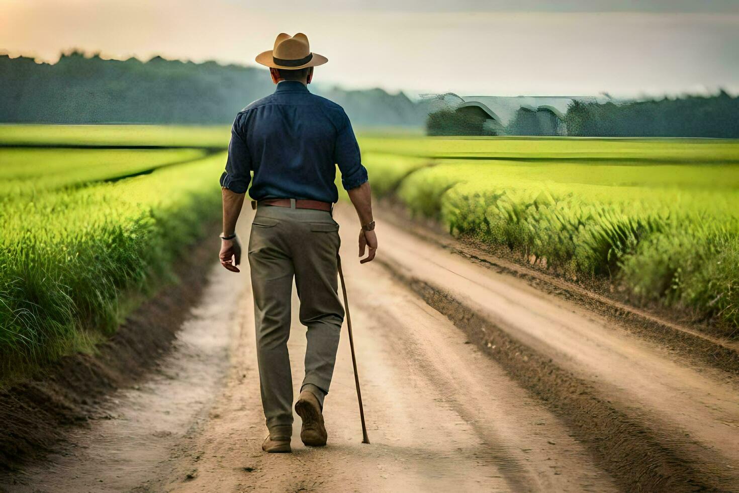 a man walking down a dirt road with a cane. AI-Generated photo