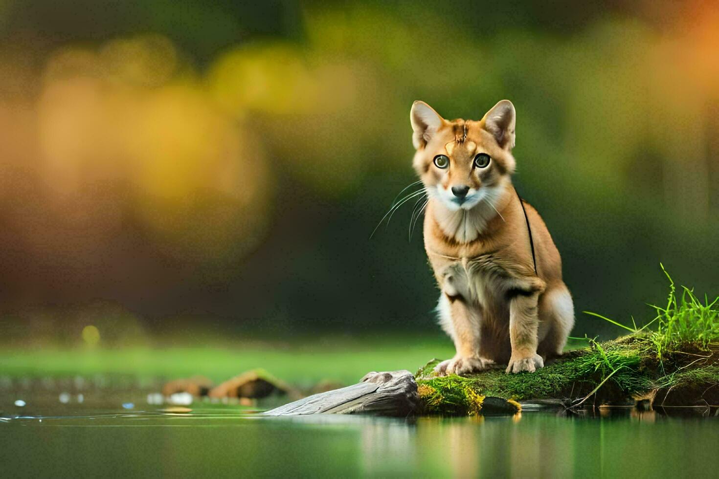 a caracal cat sitting on the edge of a lake. AI-Generated photo
