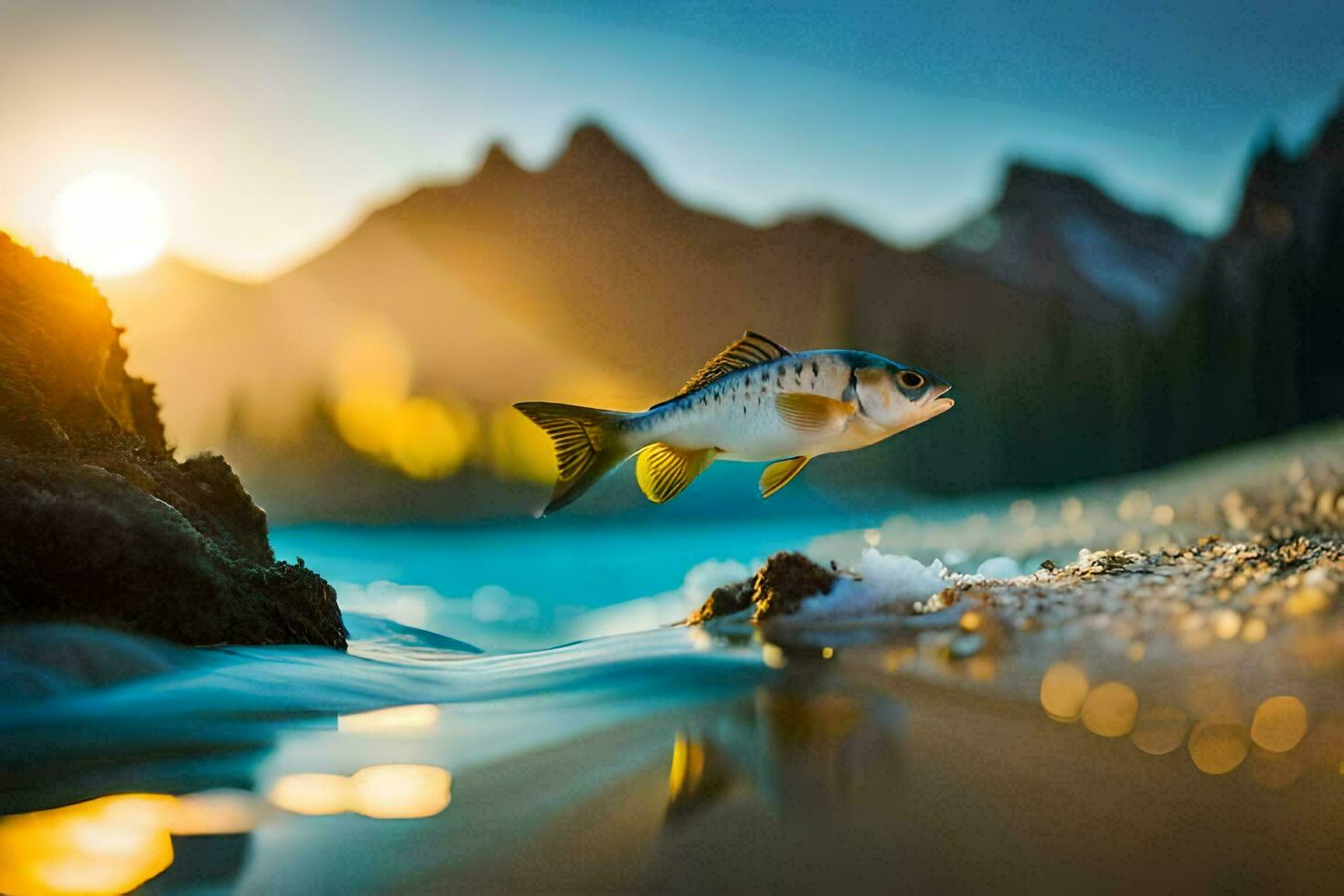 photo wallpaper the sky, fish, water, mountains, sunset, the sea