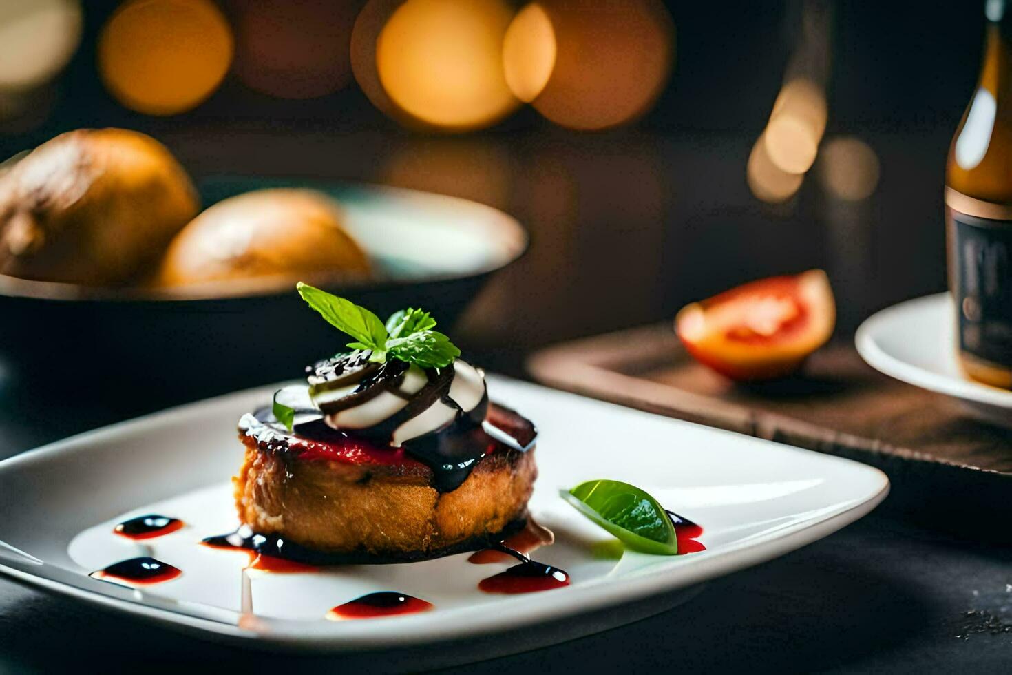 a dessert on a plate with a glass of wine. AI-Generated photo