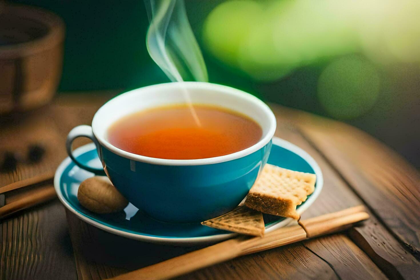 a cup of tea with a biscuit on a wooden table. AI-Generated photo
