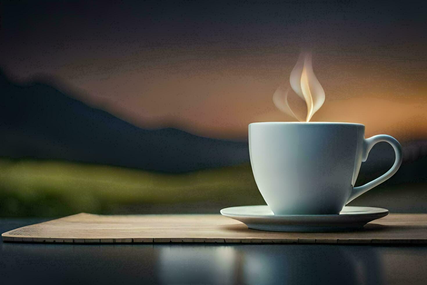 a cup of coffee on a table with a mountain in the background. AI-Generated photo