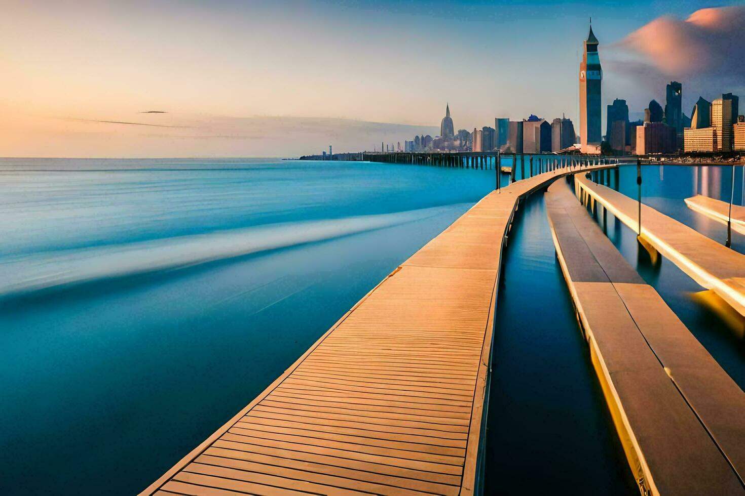 a long exposure photograph of a dock in front of a city skyline. AI-Generated photo