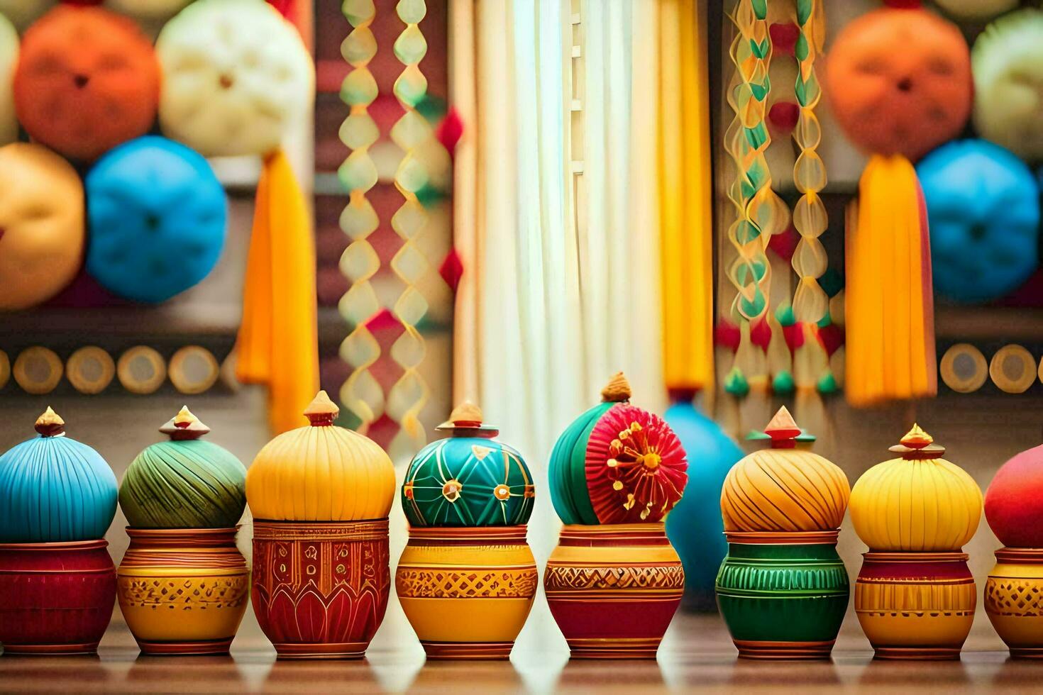 colorful wooden vases lined up in a row. AI-Generated photo