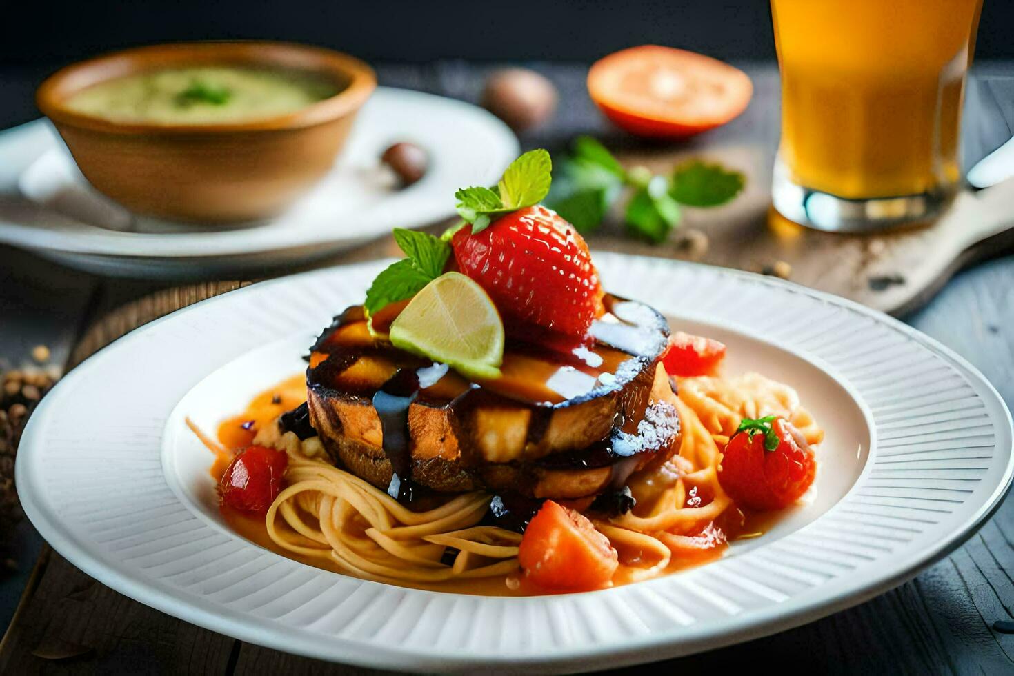 a plate of spaghetti with tomato sauce and strawberries. AI-Generated photo