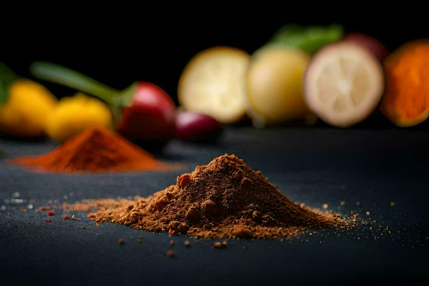 a pile of spices and spices on a black background. AI-Generated photo