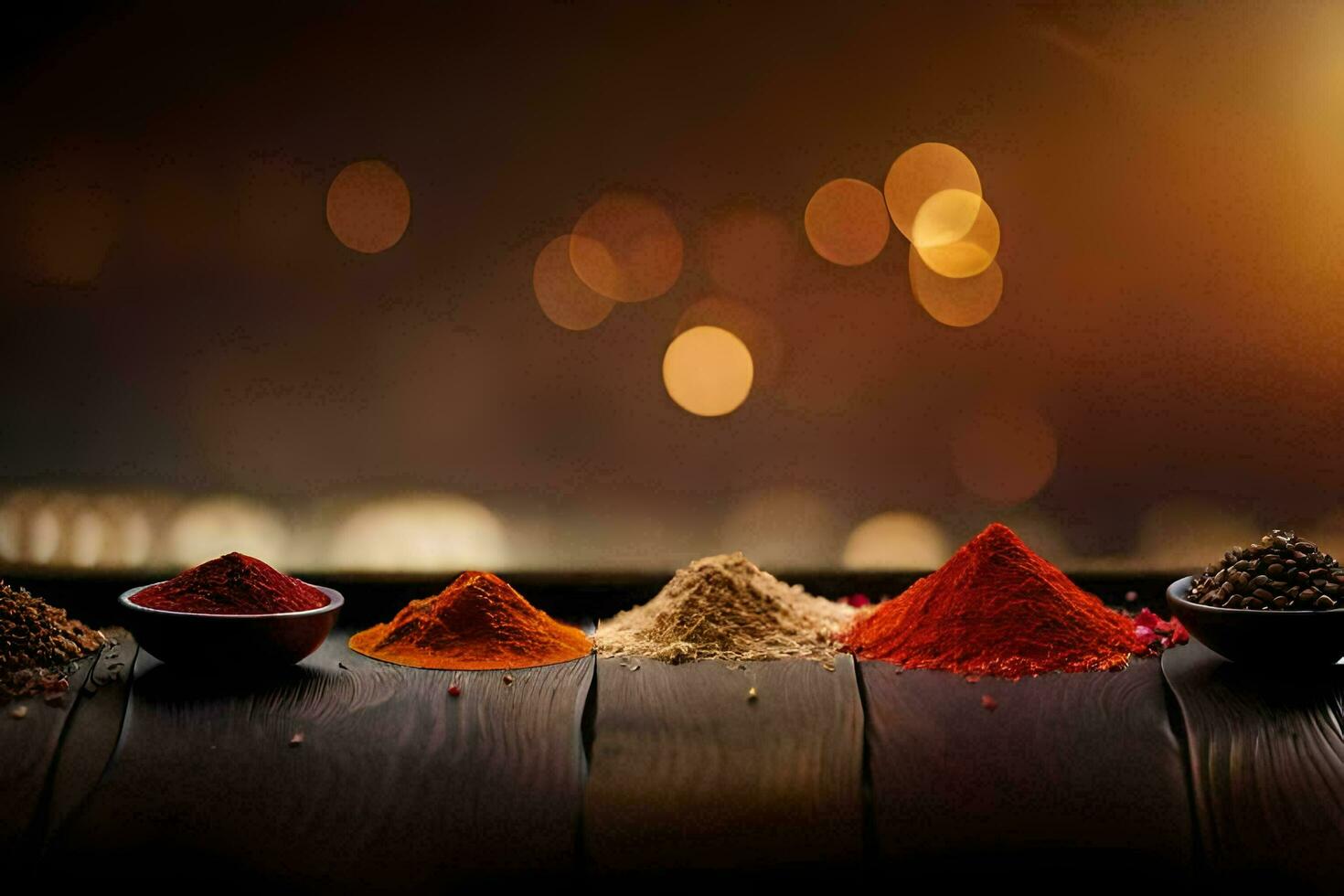 various spices and spices on a wooden table. AI-Generated photo