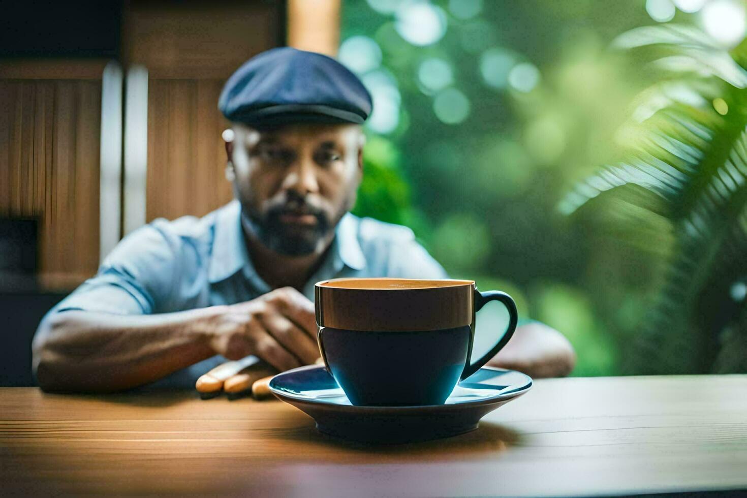 man sitting at a table with a cup of coffee. AI-Generated photo