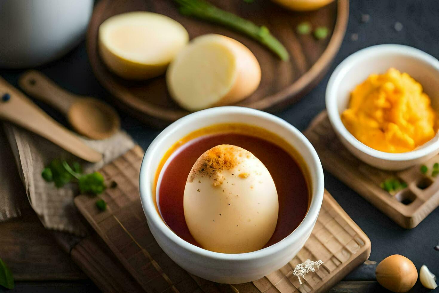 an egg in a bowl with a spoon and a bowl of sauce. AI-Generated photo