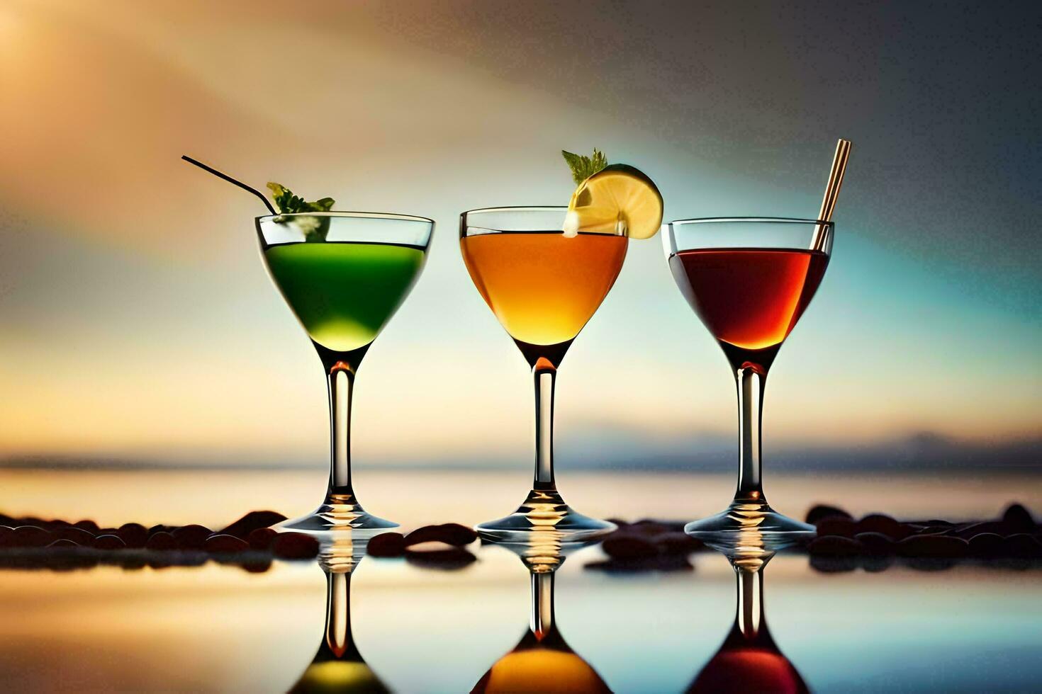 three different colored cocktails in glasses on the beach. AI-Generated photo