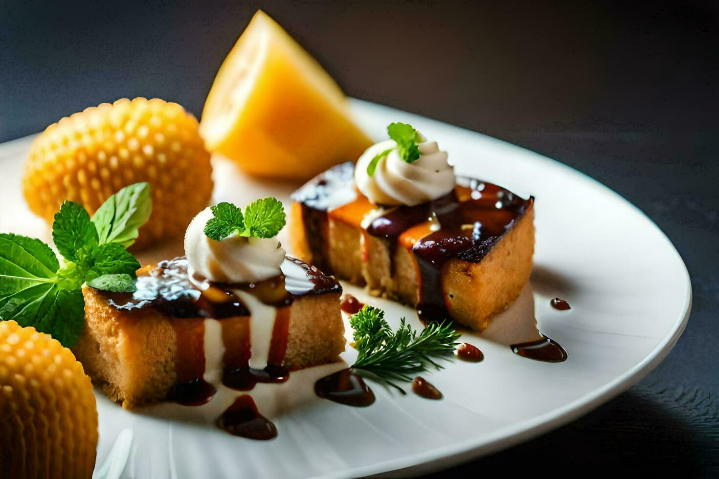 a plate with three pieces of cake on it. AI-Generated photo