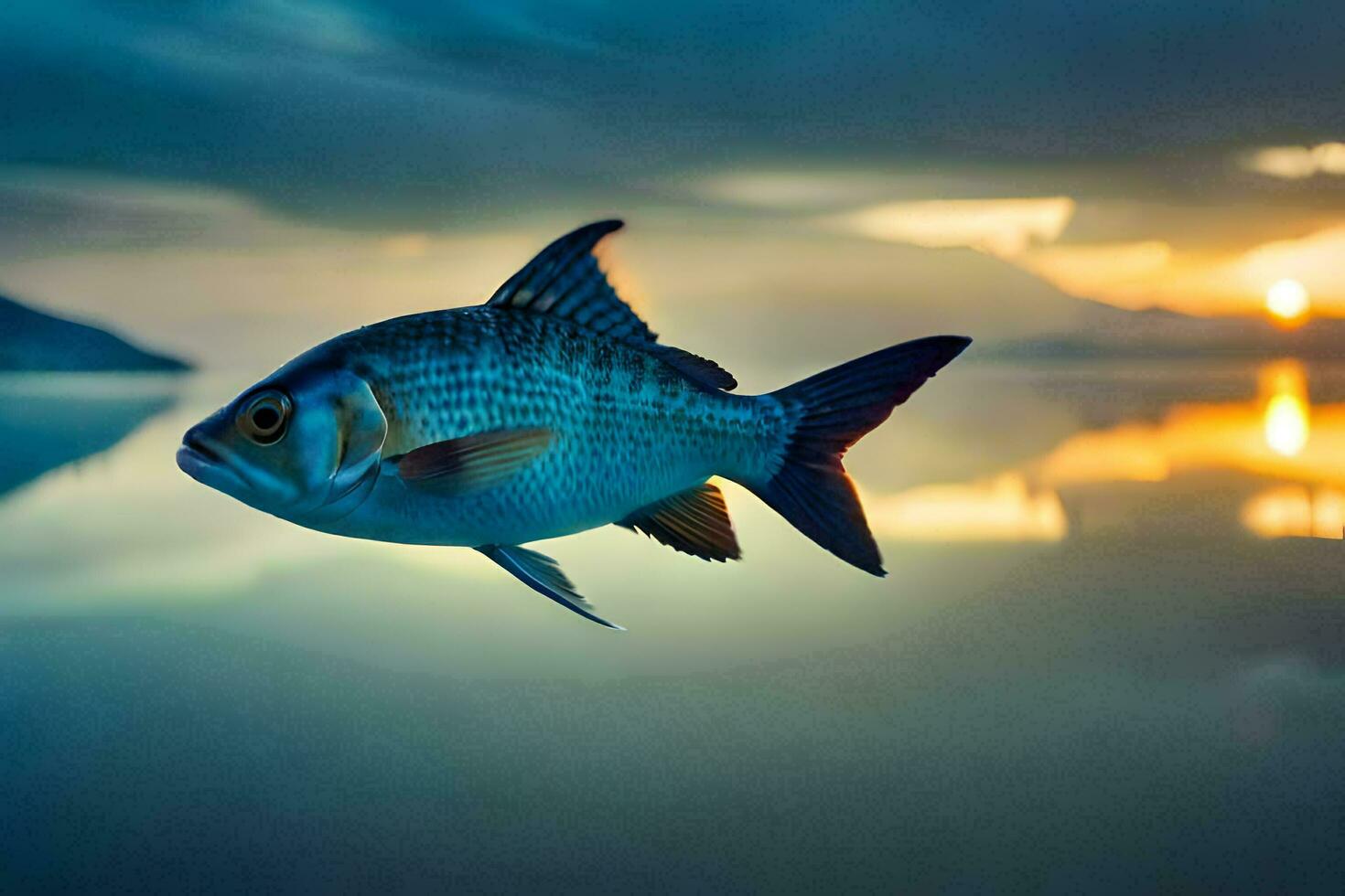 a fish is flying over the water at sunset. AI-Generated photo