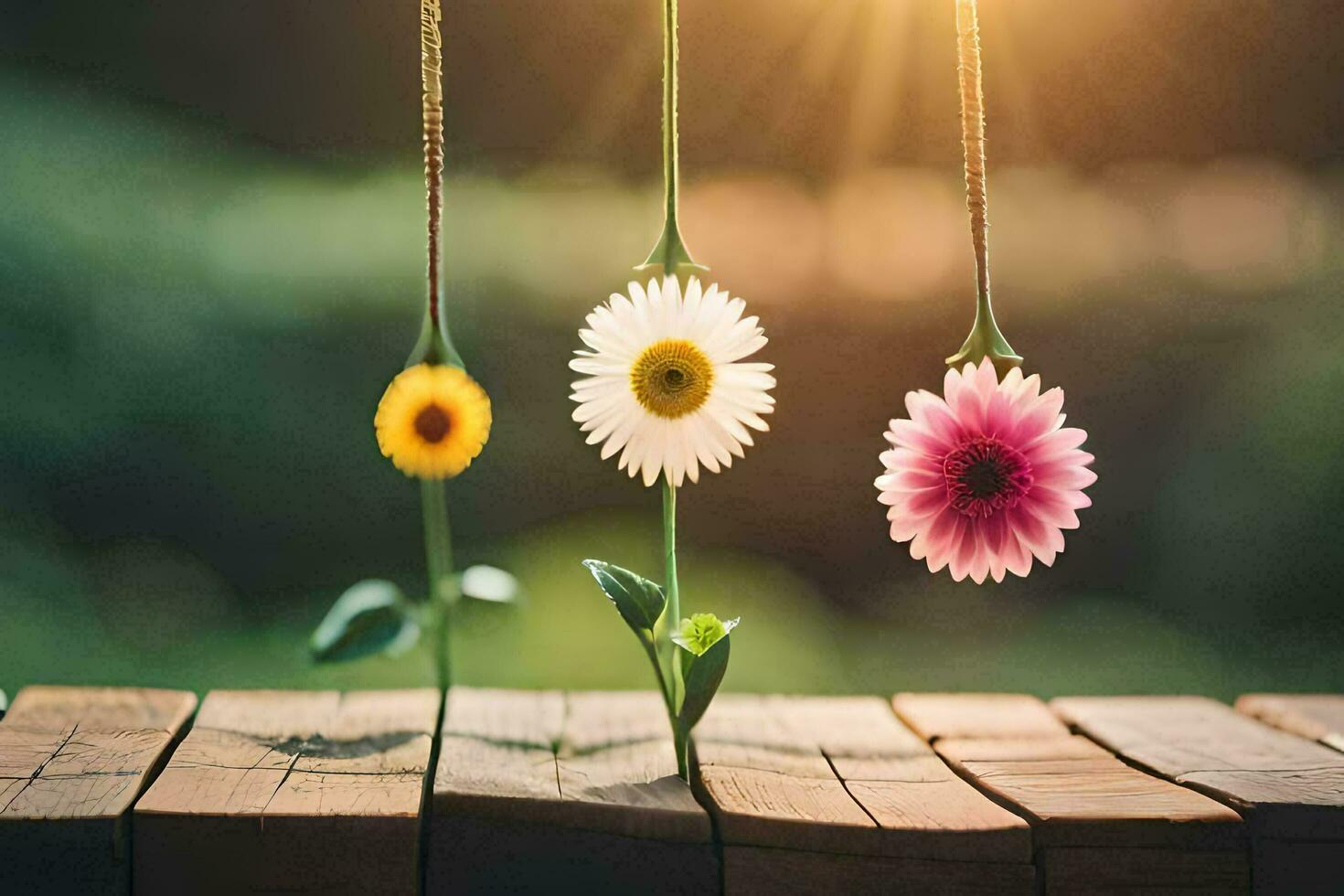 three flowers hanging from a wooden table. AI-Generated photo
