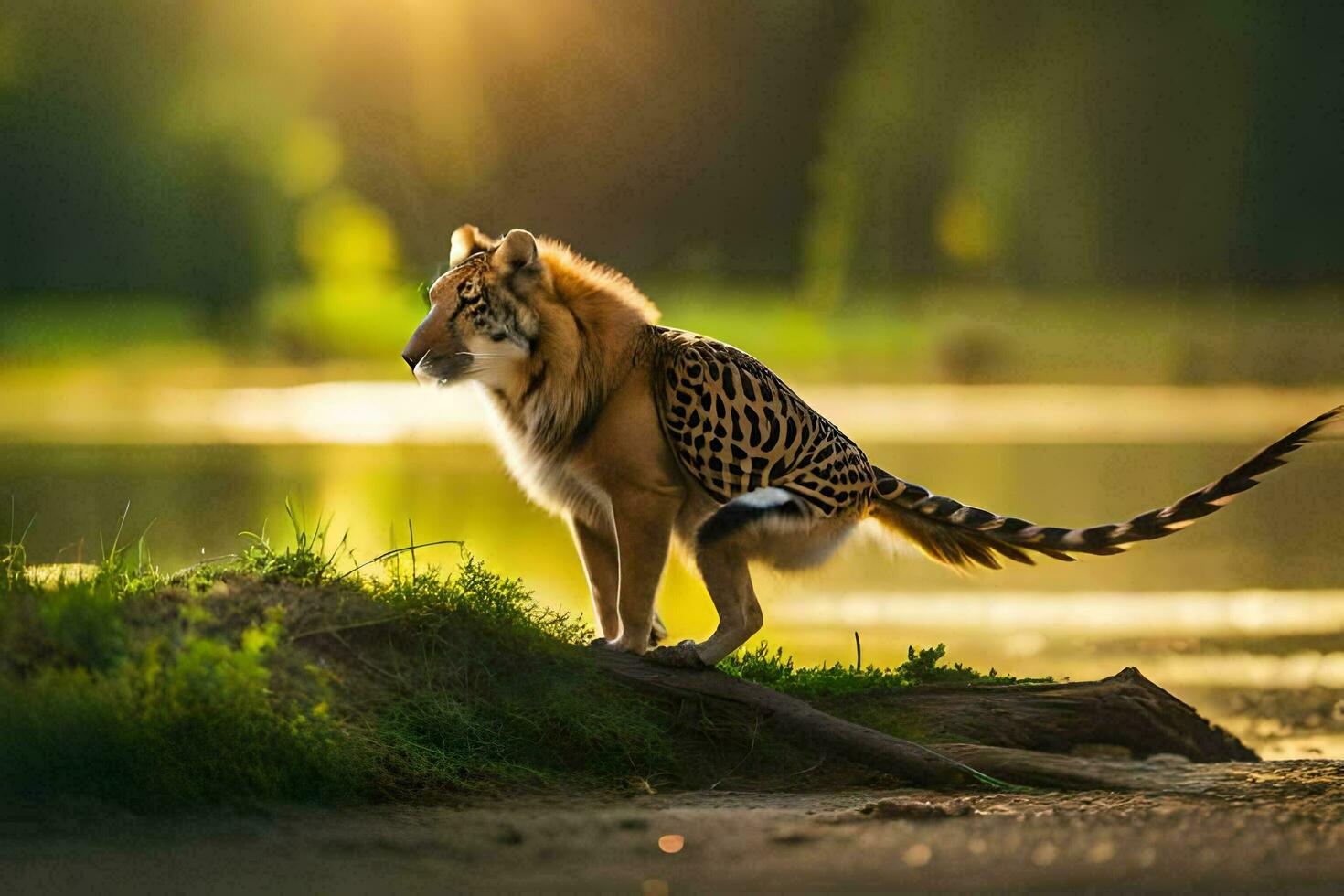 a tiger standing on the edge of a river. AI-Generated photo