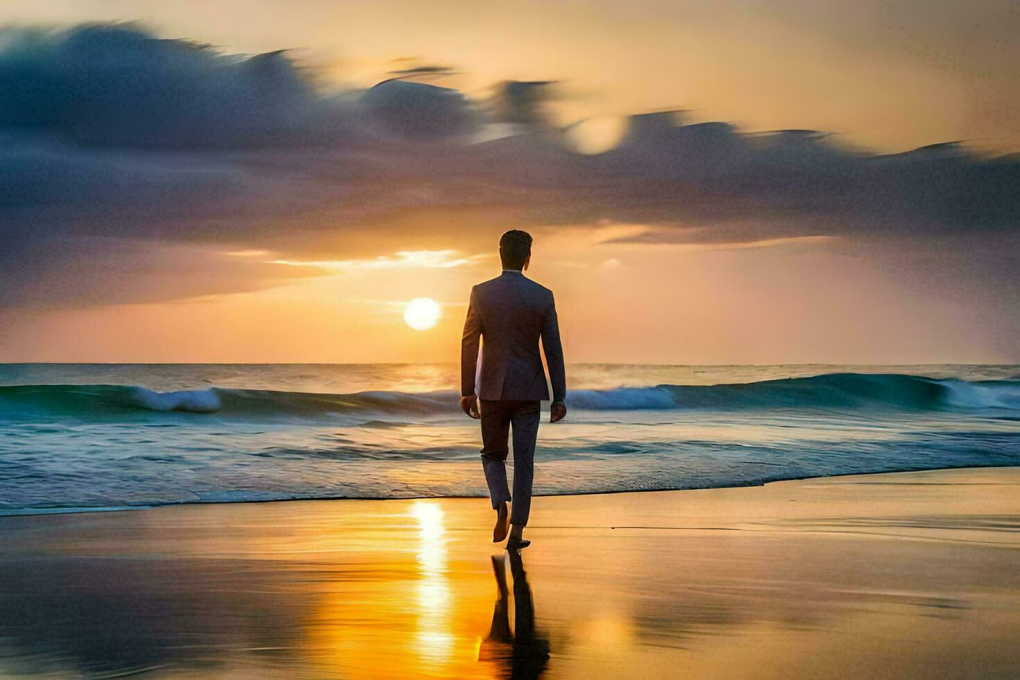 a man in a suit walking on the beach at sunset. AI-Generated photo