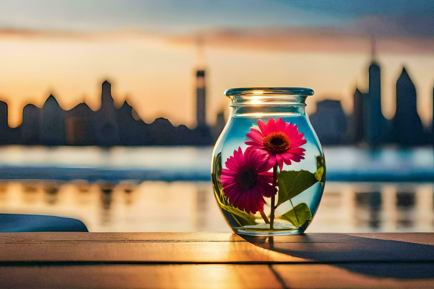 a vase with flowers on a table in front of a city skyline. AI-Generated photo