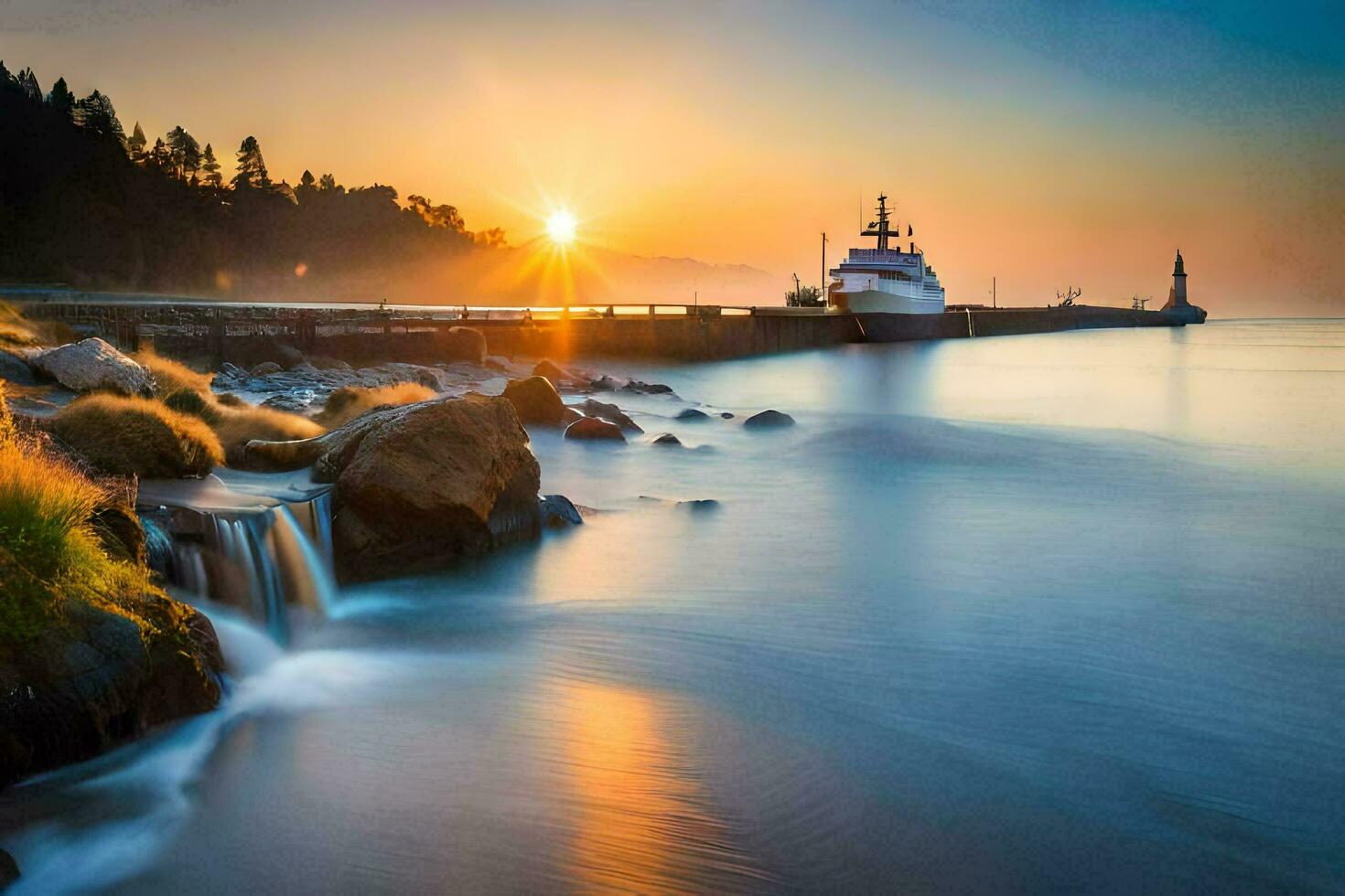 the sun rises over the water and a boat docked at the shore. AI-Generated photo