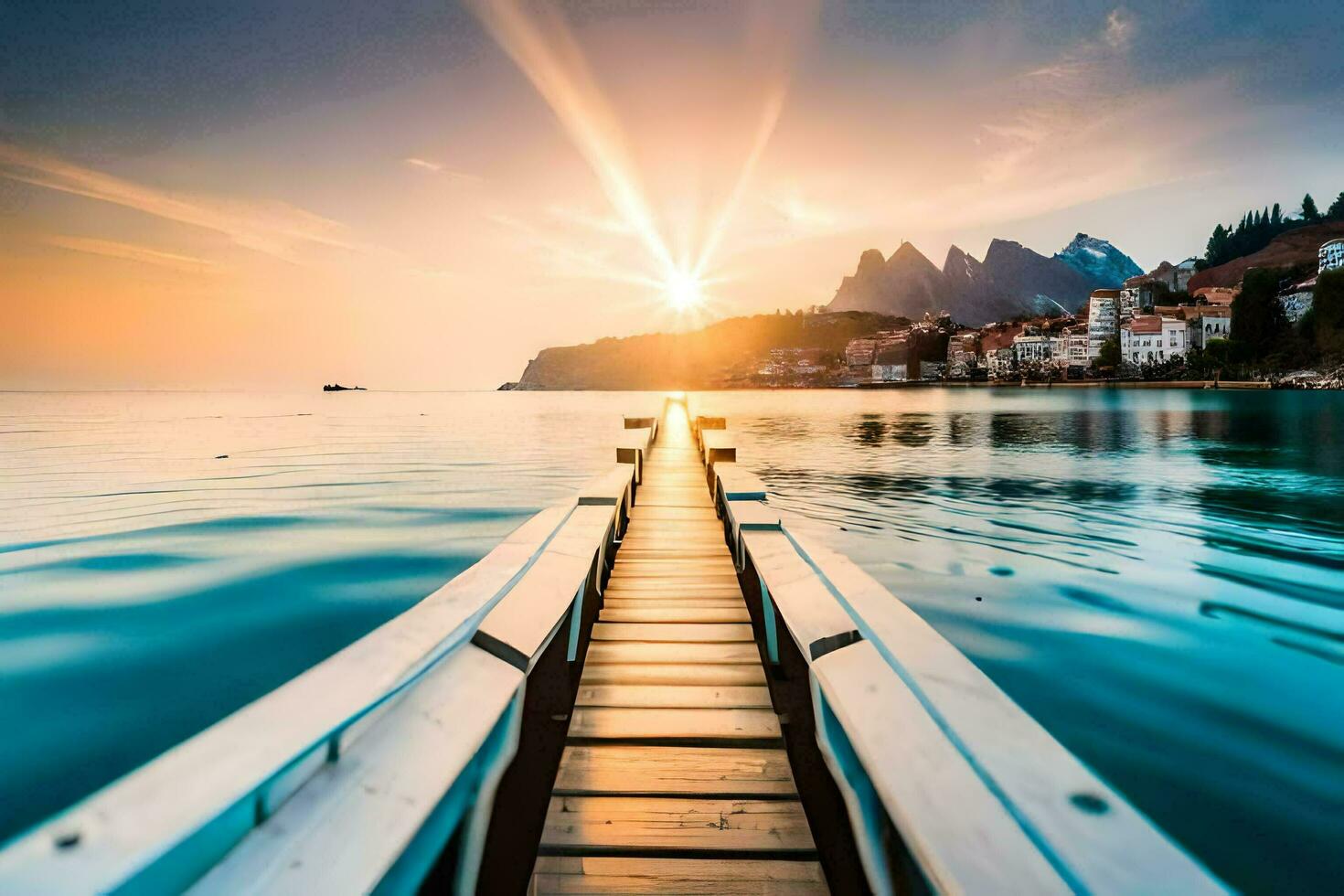 the sun rises over the water and a wooden dock. AI-Generated photo